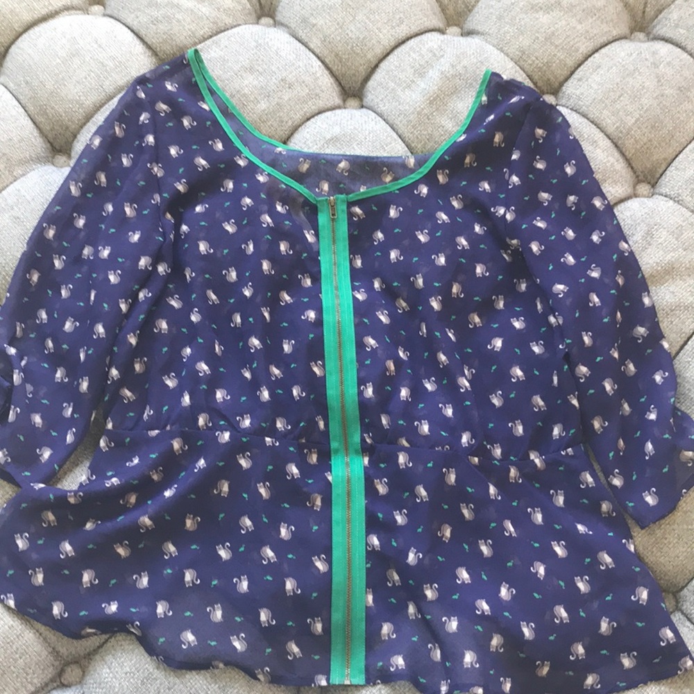 Blue see through peplum blouse with cats - Picture 2 of 2